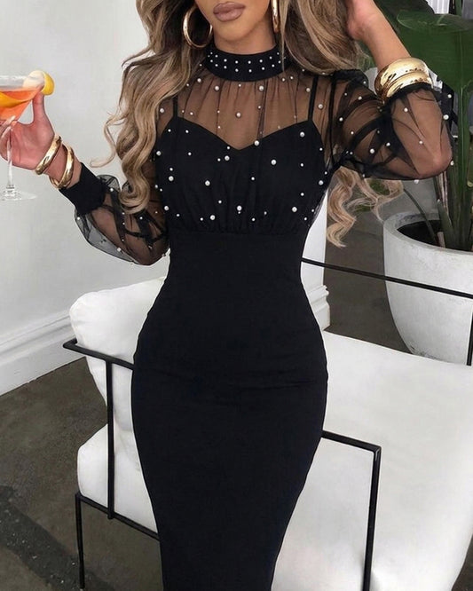 Mock Neck Sheer Mesh Spliced Beaded Bodycon Dress Zipper Back Slit Party Dress