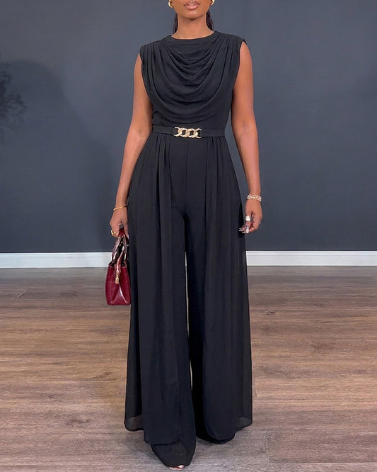 Women's Cowl Neck Wide Leg Jumpsuit High Waist Sleeveless Chiffon Overlay Spliced Evening Overalls with Belt