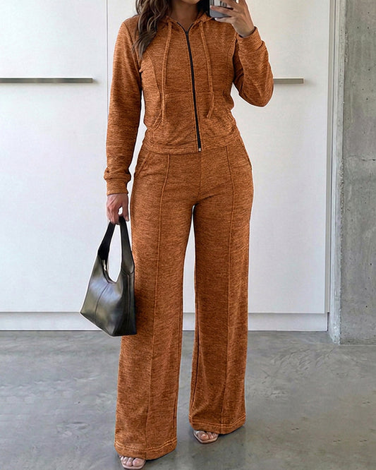 Conjunto de 2 piezas: abrigo sudadera con capucha, manga larga, cierre de cremallera y cordón, con pantalón casual de pierna recta, cintura elástica y costura frontal