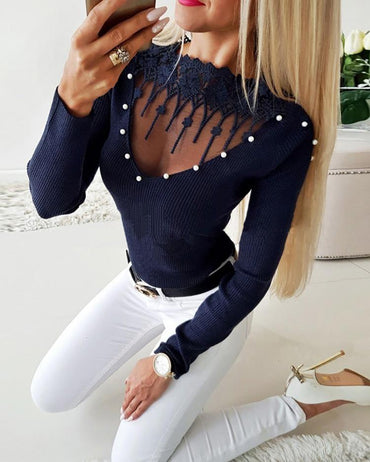 Pearls Decor Boat Neck Crochet Lace Trim Sheer Mesh Spliced Sweater Slim Fit Knit Top