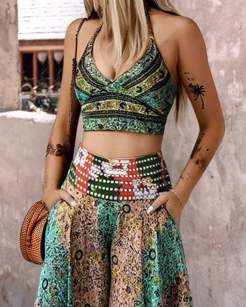 2 Piece Tribal Pattern V-Neck Sleeveless Spaghetti Strap Crop Tank Shirred High Waist Wide Leg Pants Vacation Pants Set