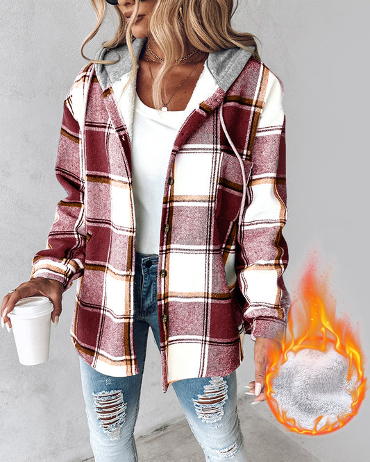 Kariertes Muster, langärmelige Shacket-Knöpfe, Fleece-gefütterte Kapuzenjacken, warmer Mantel