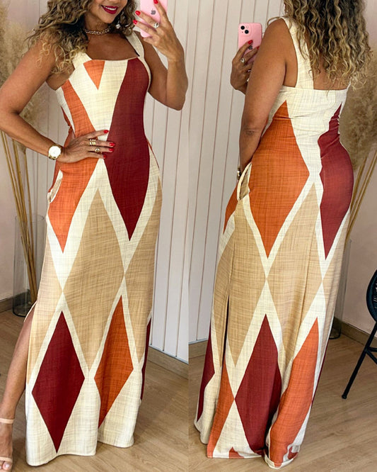 Geometric Print Square Neck Thick Strap Vacation Dress Casual Slim Fit Slit Maxi Dress