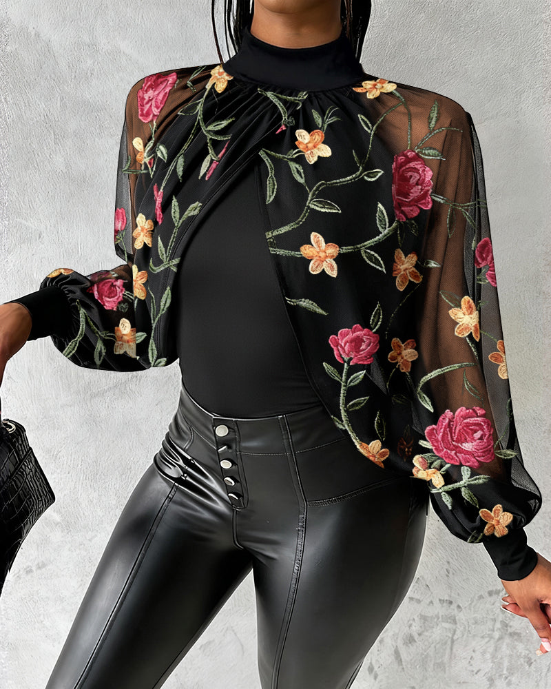 Mock Neck Floral Embroidery Cape-style Mesh Lantern Sleeve Spliced Blouse Ruched Hollow-out Back Slim Fit Top