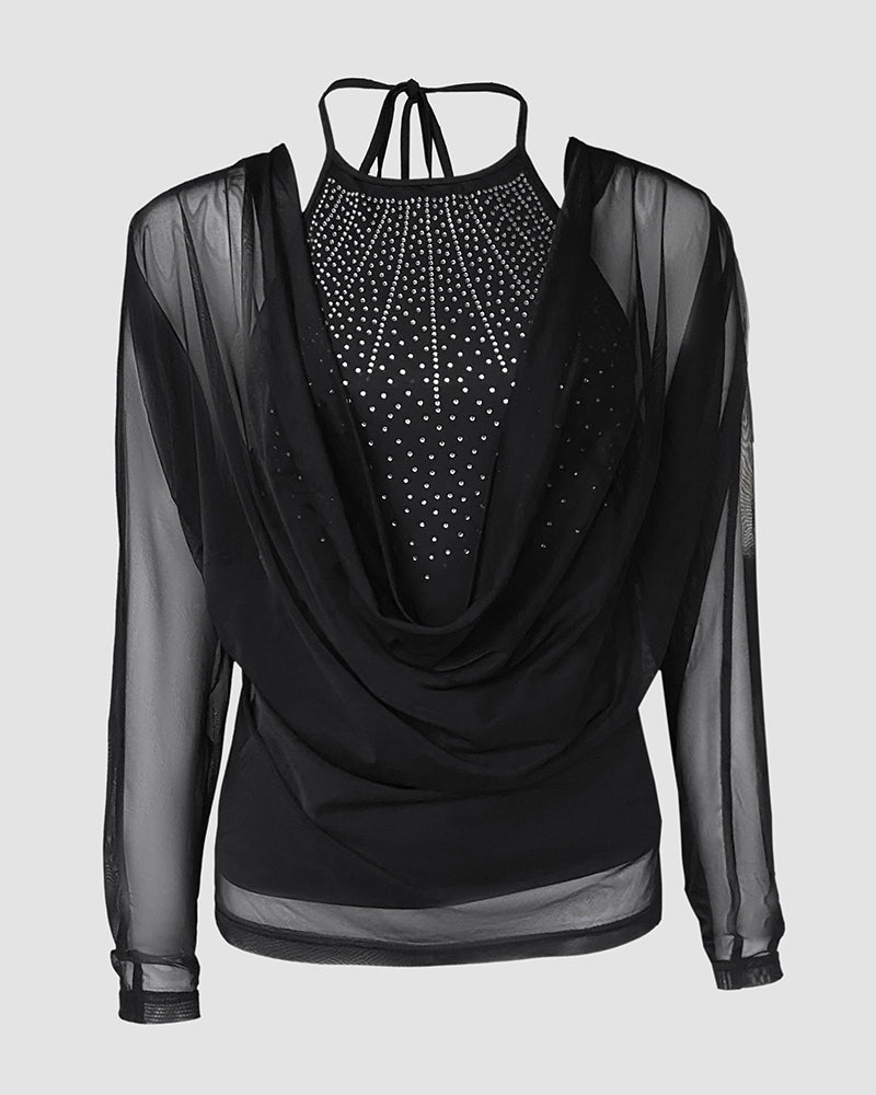 Rhinestone Decor Halter Tie Cowl Neck Long Sleeve Tee Casual Sheer Mesh Spliced Backless Top