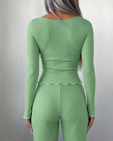 Women's 2 Piece Ribbed Pajama Set Lace Trim V Neck Long Sleeve Top and Pants Casual Loungewear