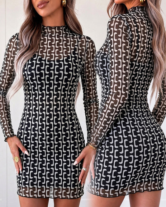 Women's Geometric Print Sheer Mesh Mock Neck Mini Dress with Cami Slip Dress