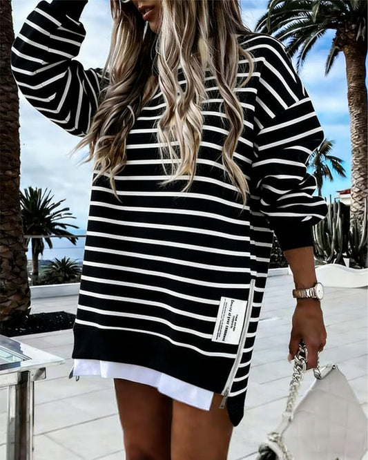 Women's Striped Sweatshirt Dress Long Sleeve Crew Neck Casual Pullover Side Zipper Trendy Streetwear
