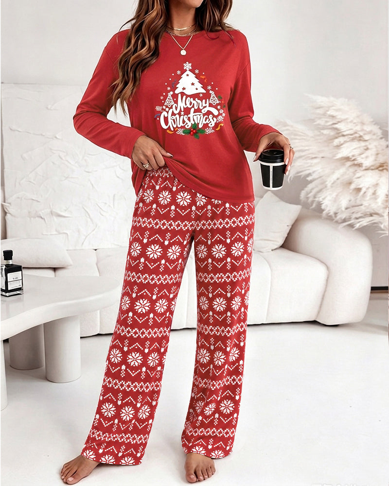 Women's Two Piece Pajamas Set Christmas Tree Slogan Print Top and Fair Isle Print Pants Casual Lounge Set