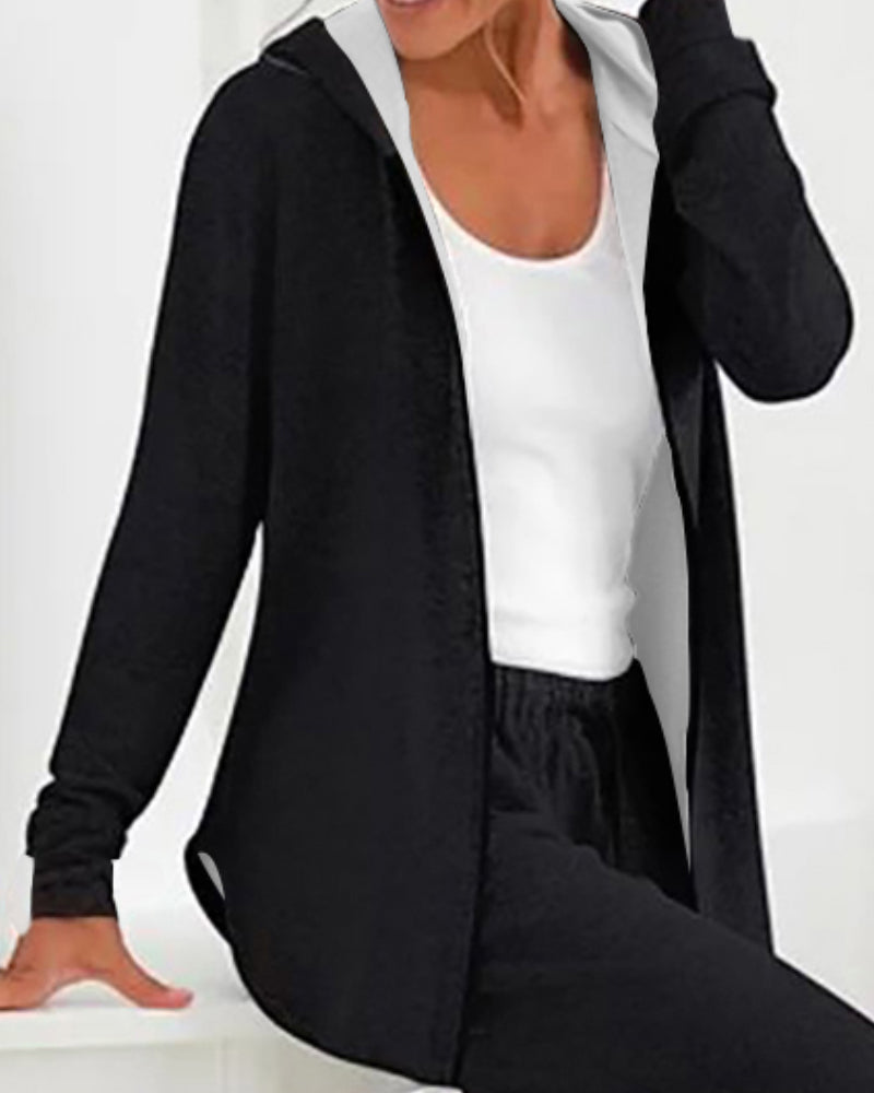 2 Piece Open Front Long Sleeve Hooded Top Drawstring Cuffed Pants Lounge Outfit Tracksuit Set