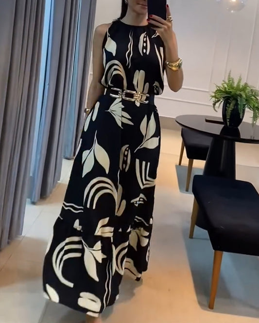 Plants Print Sleevless Hollow-out Back Tied Detail Maxi Dress Casual Ruffle Hem Vacation Dress without Belt
