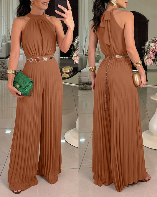 CHICME Women's Halter Tie Wide Leg Jumpsuit Pleated High Waist One-Piece Romper Elegant Sleeveless Evening Party Jumpsuit without Waist Chain