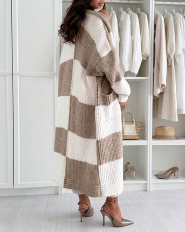 Women's Checkerboard Knit Cardigan Oversized Long Chunky Sweater Loose Lantern Sleeve Coat with Pockets