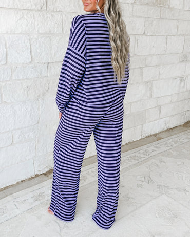 Women's 2 Piece Striped Outfits Long Sleeve Crewneck Top and Wide Leg Pants Set