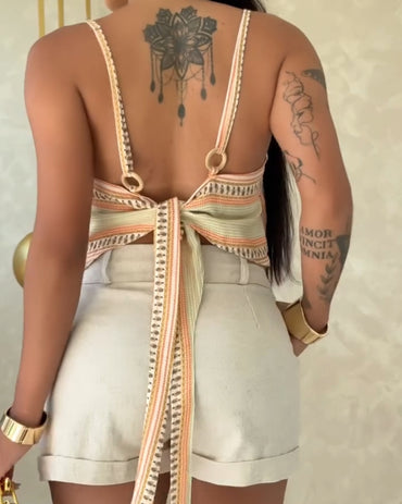 Tropical Animal & Plants Print Square Neck Adjustable Spaghetti Straps Top Sexy Backless Tie Back Asymmetrical Hem Cami Top