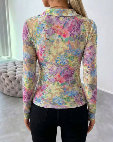 Watercolor Floral Print Turn-down Collar V-Neck Button Front Shirt Slim Fit Long Sleeve Ruched Sheer Mesh Top