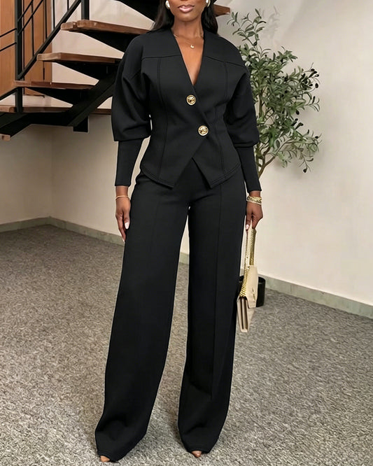 Conjunto elegante de 2 piezas para mujer: top de manga gigot con escote en V y cintura ceñida, y pantalones de pierna ancha de cintura alta