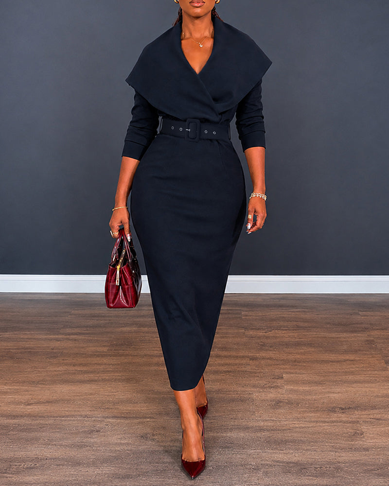 Women's Lapel Collar Wrap V-Neck Long Sleeve Slit Midi Dress with Belt