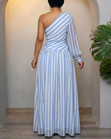 Women's One Shoulder Stripe Maxi Dress Lantern Long Sleeve Ruched High Slit Elegant Chiffon Party Dress