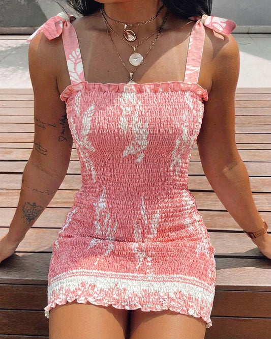 Plants Print Square Neck Self-tie Thick Straps Shirred Mini Dress Slim Fit Frill Trim Vacation Dress