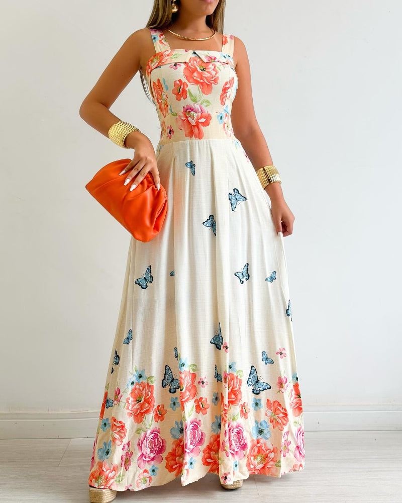 chic me formal dresses Women's Floral Butterfly Placement Print Cami Dress Shirred Back Sleeveless Vacation Sundress Casual Beach Maxi Dress Multicolor L by chicme