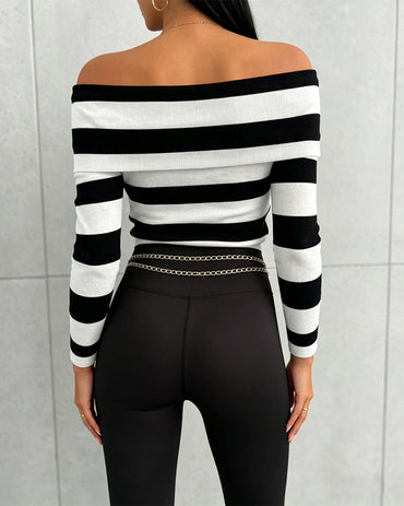 Women's Foldover Off Shoulder Striped Pullover Long Sleeve Slim Fit Knit Top