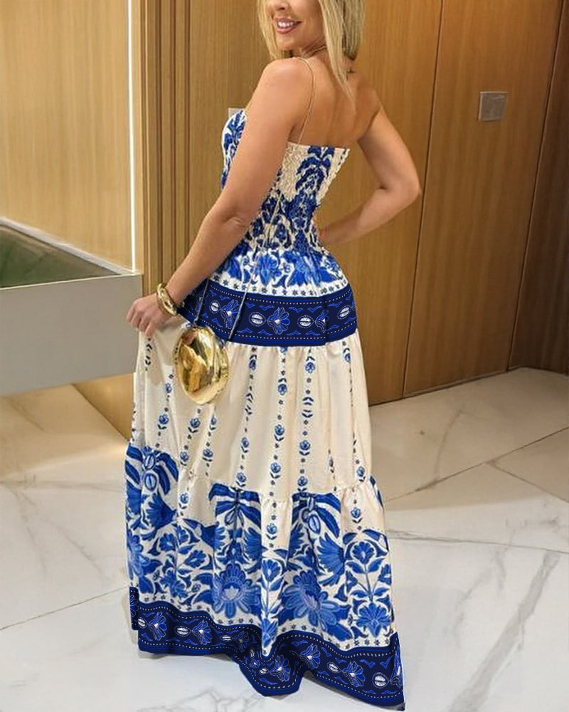 Vintage Floral & Plants Print Cinched Waist Shirred Strapless Dress Casual Ruffle Hem Vacation Dress