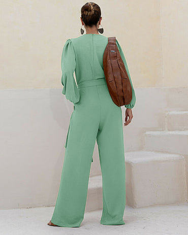 Deep V Neck 3D Design Tie Waist Ruched Overalls Casual Cinched Waist Zipper Back Textured Jumpsuit with Belt