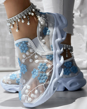 Floral Pattern Sheer Mesh Patch Round Toe Sneakers
