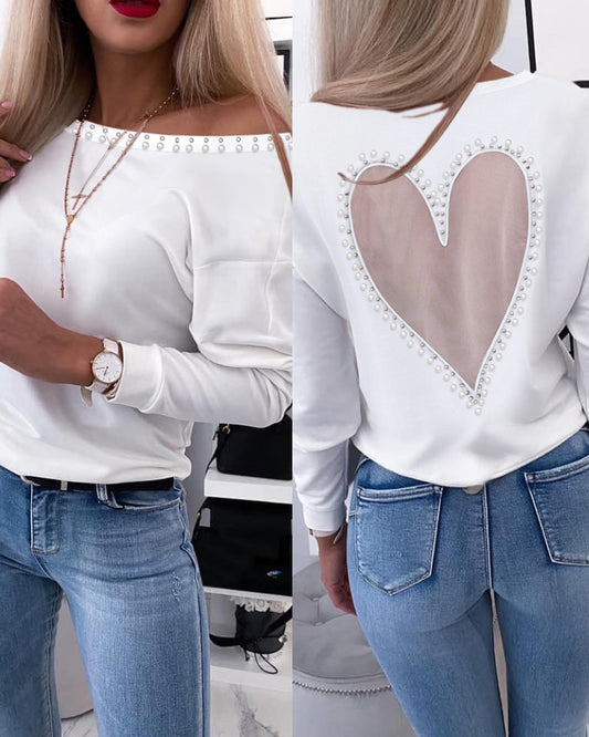 Pearls Decor Sheer Heart Pattern Mesh Spliced Tee Casual Drop Shoulder Long Sleeve Top