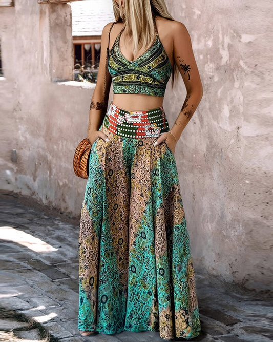 2 Piece Tribal Pattern V-Neck Sleeveless Spaghetti Strap Crop Tank Shirred High Waist Wide Leg Pants Vacation Pants Set