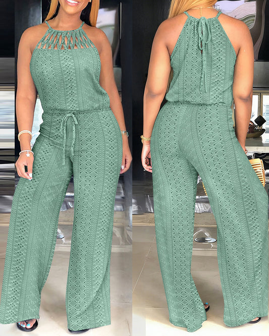 CHICME Women's Halter Tie Knit Jacquard Jumpsuit Hollow-Out Criss-Cross Front Wide-Leg Romper with Adjustable Drawstring Waist