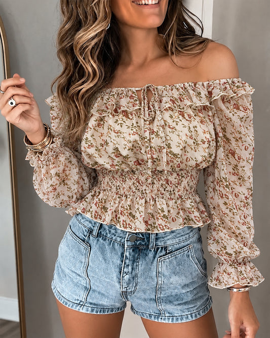 Top peplum fruncido con hombros descubiertos y hombros descubiertos de gasa floral Ditsy para mujer
