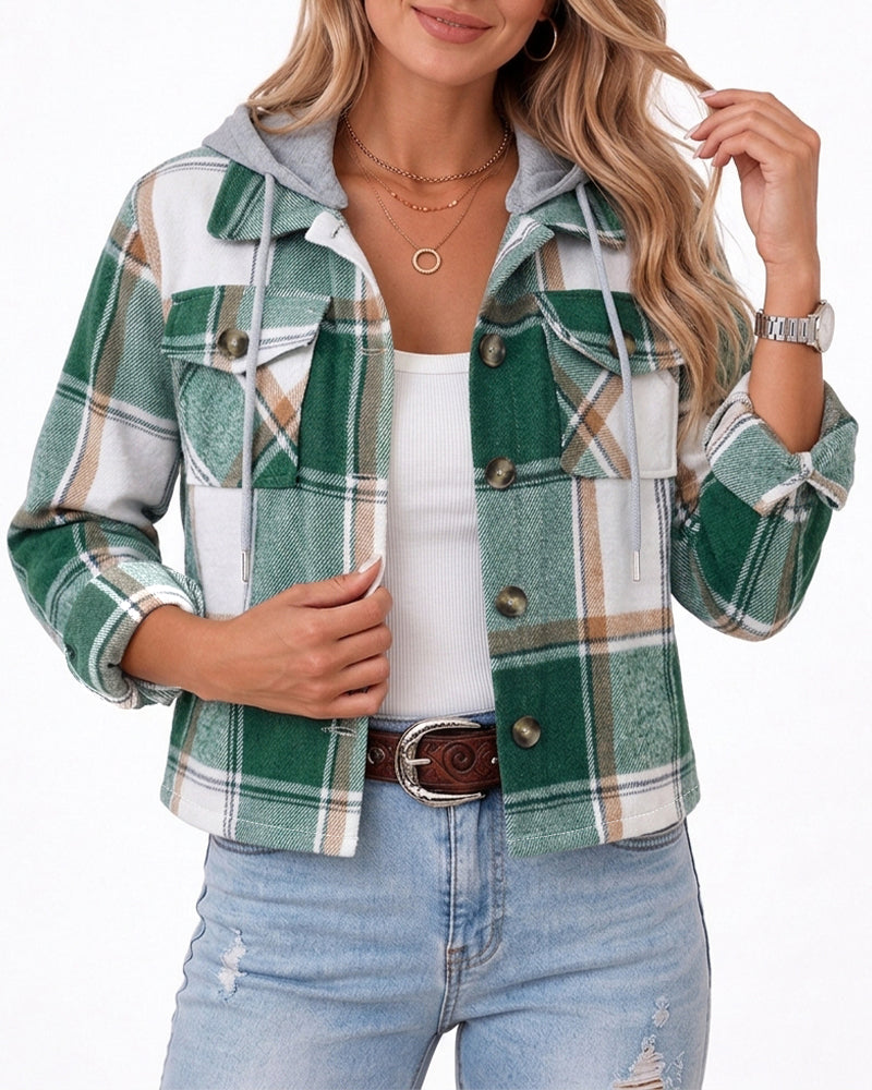 Women's Plaid Detachable Drawstring Hooded Lapel Cropped Jacket