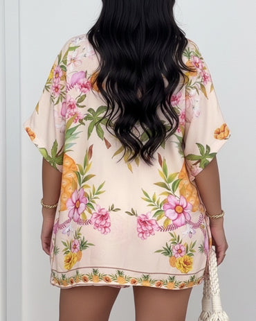 2 Pieces Outfit Open Front Side Slit Cardigan and Elastic Waist Tie Front Shorts Set Casual Floral & Pineapple Print Vacation Set