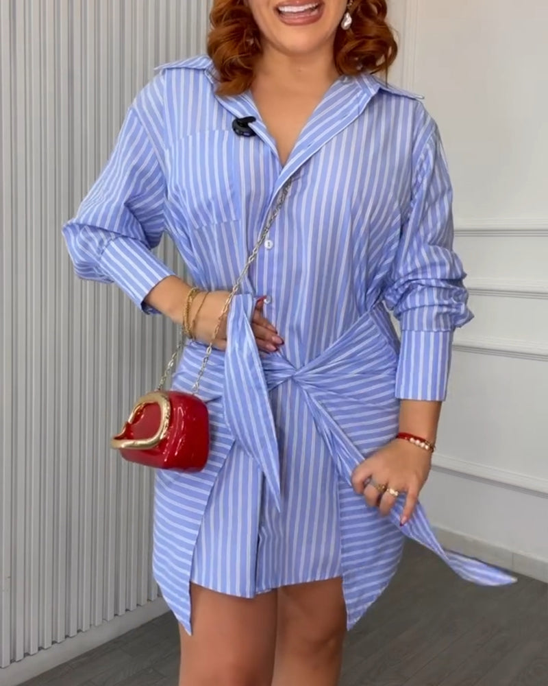 Women's Striped Button Down Shirt Dress Tie Front Wrap Asymmetric Hem Long Sleeve Casual Dress