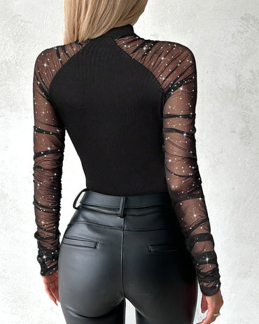 Women's Glitter Sheer Mesh Ruched Long Sleeve Mock Neck Ribbed Bodysuit