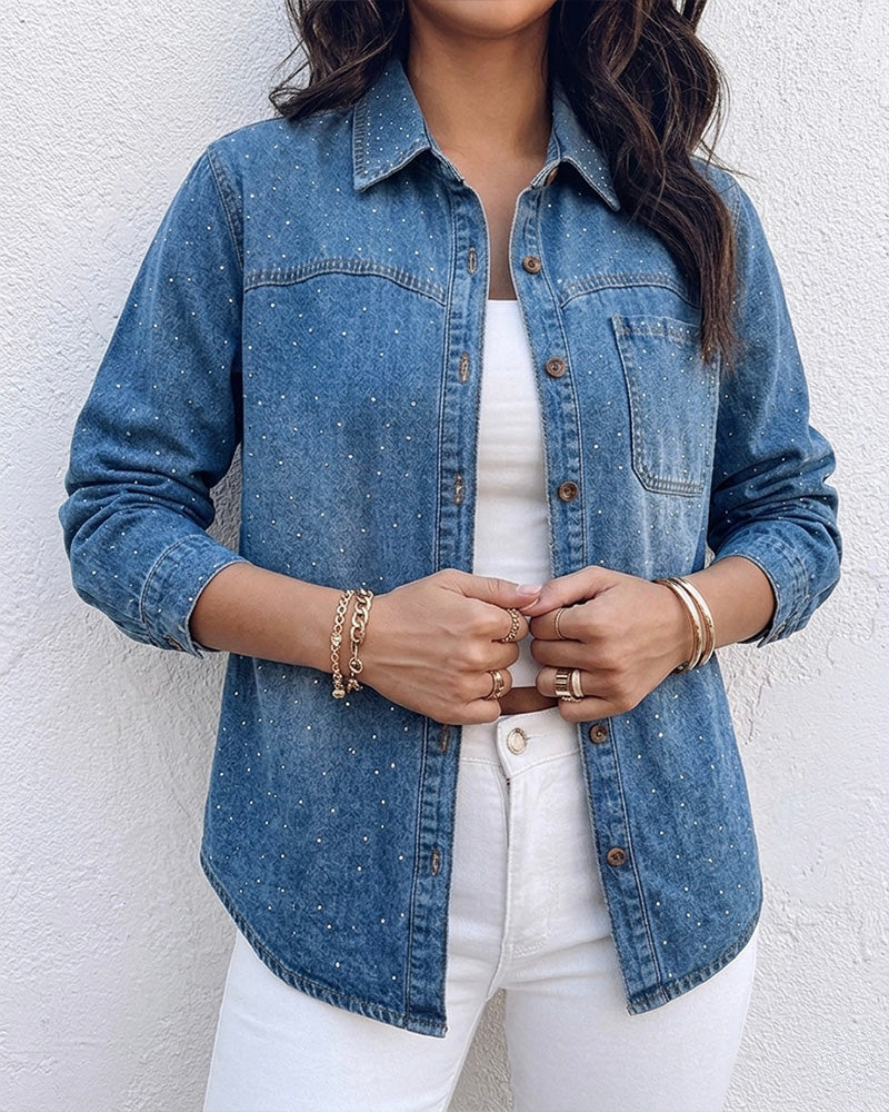 Women's Rhinestone Denim Jacket Washed Button-Down Shacket Sparkling Loose Fit Long Sleeve Casual Outerwear