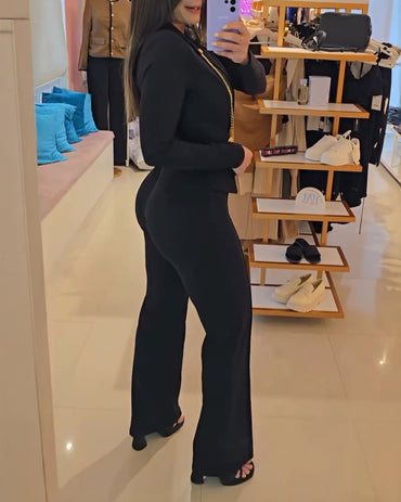 Chain & Button Decor Notched Collar Overlap V-Neck Slit Spliced Overalls Casual High Waist Seam Front Zipper Back Jumpsuit