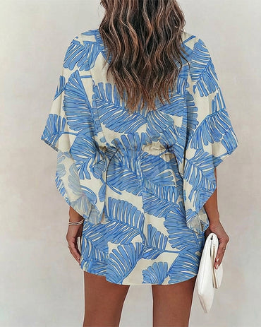 Tropical Plants Print V-Neck Bell Sleeve Button Front Mini Dress Casual Drawstring Waist Vacation Dress