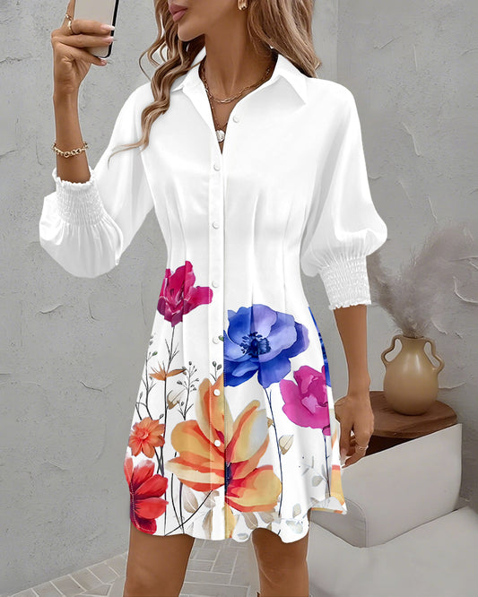 Floral Print Turn-down Collar Long Sleeve Casual Pressed Pleats Shirt Dress