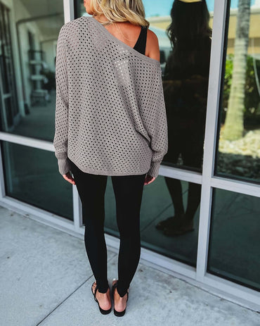 Women's Hollow-out Knit Sweater Skew Neck Loose Batwing Sleeve Top Casual Long Sleeve Knit Top