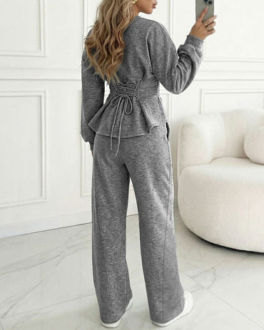 Women's 2 Piece Sweatsuit Set Long Sleeve Back Lace Up Pullover and High Waist Wide Leg Pants Lounge Tracksuit with Pockets