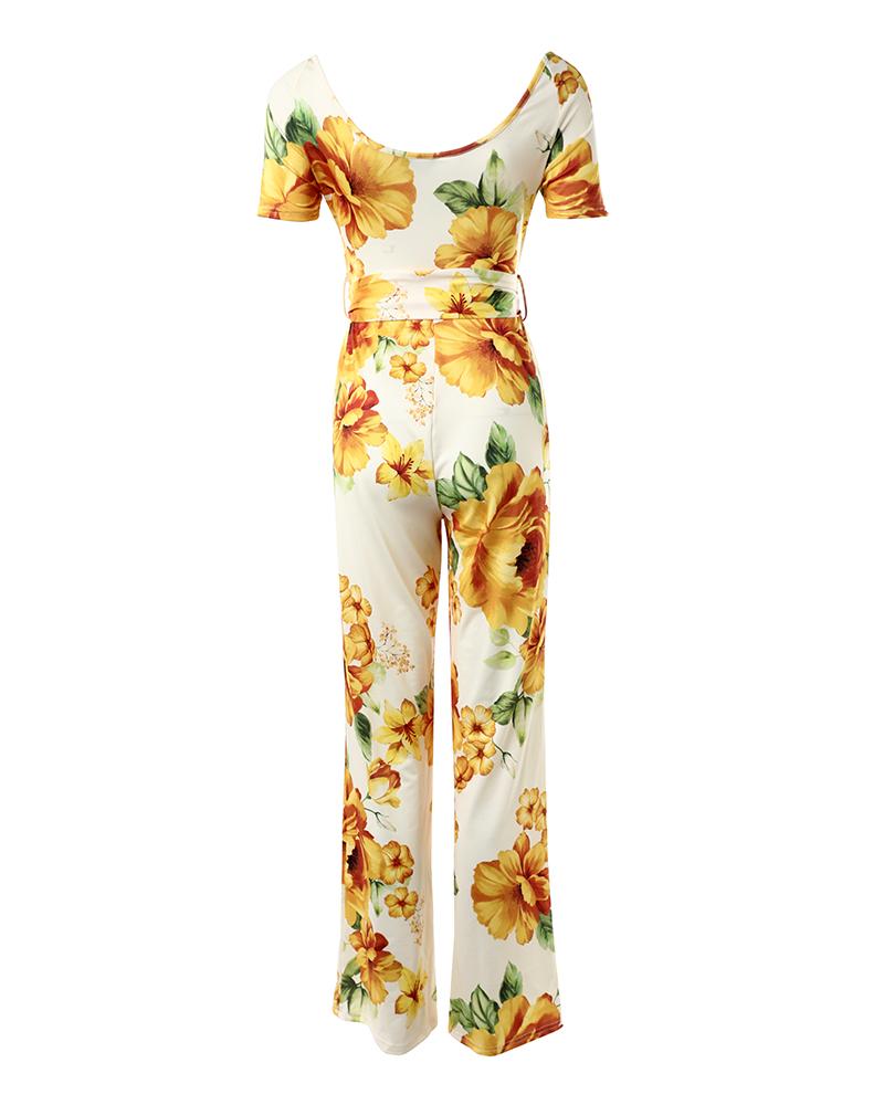 Women's Floral Print Jumpsuit Sexy Cross V Neck Backless Short Sleeve Ruched High Waist Overalls with Belt