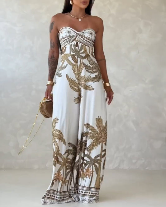 Palm Tree Print Bandeau Twist Front Backless Tie Back Overalls Casual Hollow-out Front Wide Leg Jumpsuit