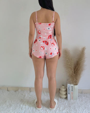 2 Pieces Outfit U-Neck Adjustable Spaghetti Straps Crop Cami Top and Bowknot Decor Elastic Waist Shorts Set Sweet Cartoon Print Pajamas Set