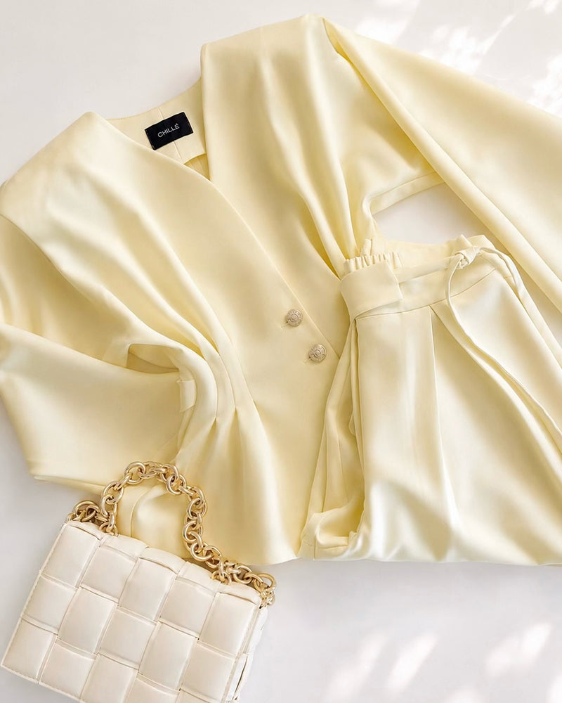 Women's 2 Piece Outfits V Neck Shirred Peplum Top and High Waist Wide Leg Pants Set