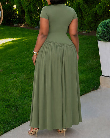 Women's Short Sleeve Crewneck Asymmetric Waist Maxi Dress Ruched A-Line Dress