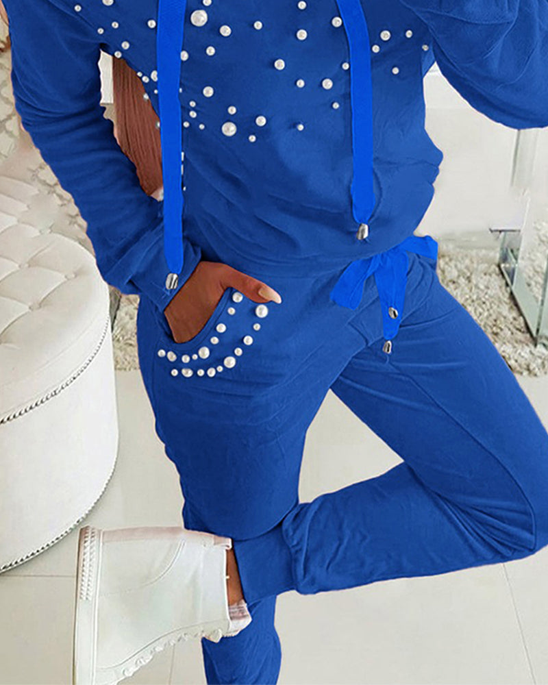Beaded Hooded Top & Drawstring Pants Set