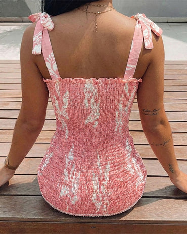 Plants Print Square Neck Self-tie Thick Straps Shirred Mini Dress Slim Fit Frill Trim Vacation Dress